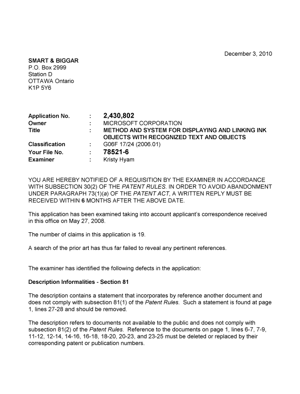 Document de brevet canadien 2430802. Poursuite-Amendment 20101203. Image 1 de 2