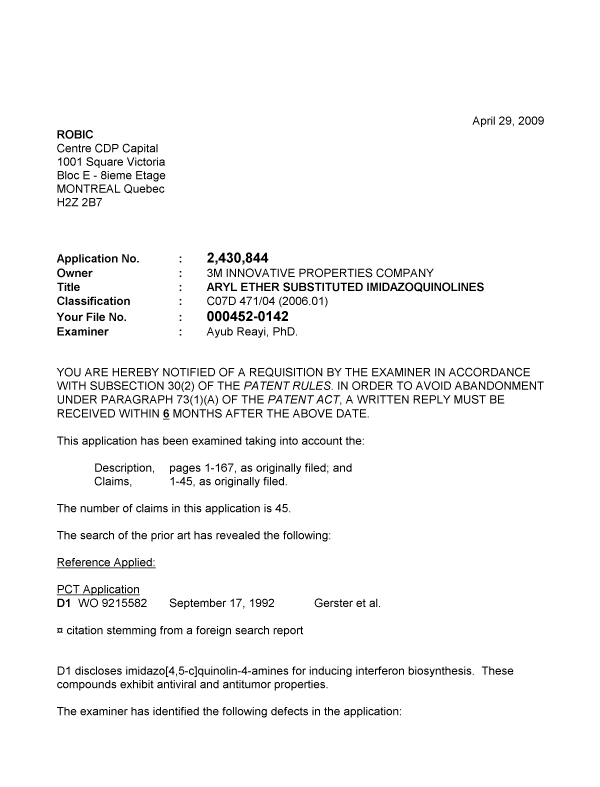 Document de brevet canadien 2430844. Poursuite-Amendment 20090429. Image 1 de 4