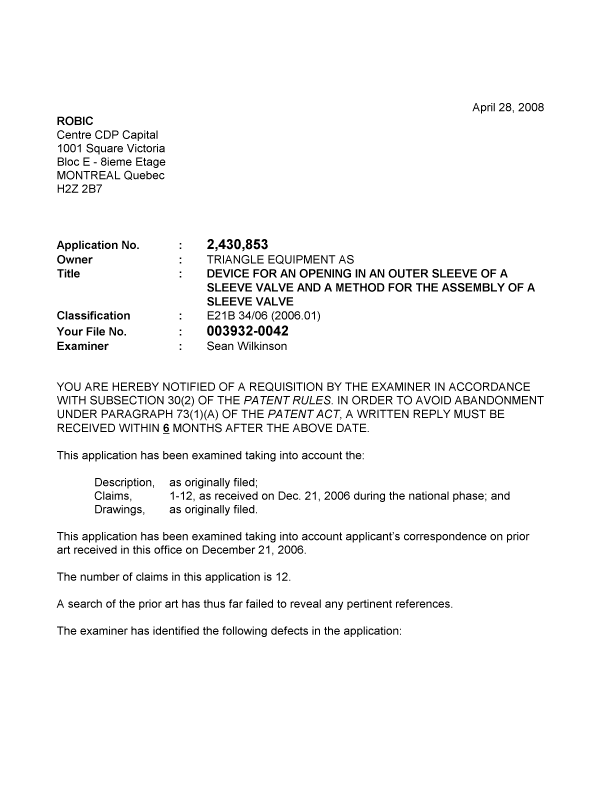 Canadian Patent Document 2430853. Prosecution-Amendment 20080428. Image 1 of 2