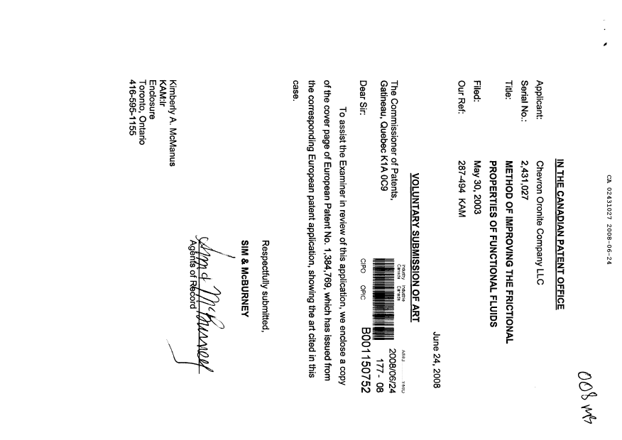 Canadian Patent Document 2431027. Prosecution-Amendment 20080624. Image 1 of 1