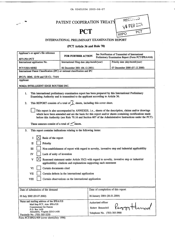 Document de brevet canadien 2431034. PCT 20021207. Image 1 de 3