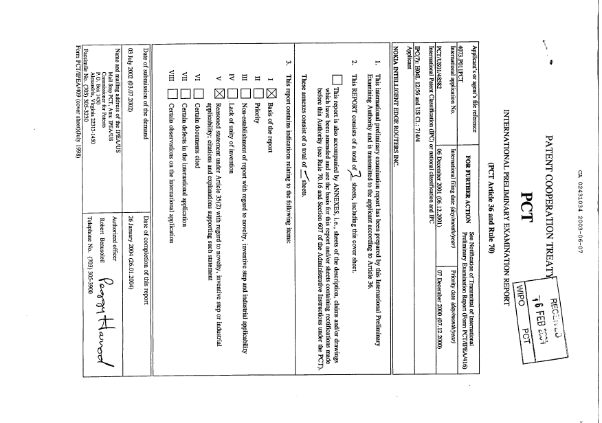Document de brevet canadien 2431034. PCT 20021207. Image 1 de 3