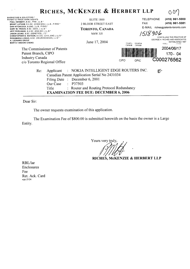 Canadian Patent Document 2431034. Prosecution-Amendment 20031217. Image 1 of 1