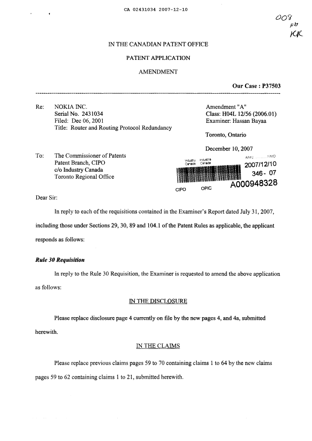 Canadian Patent Document 2431034. Prosecution-Amendment 20061210. Image 1 of 8