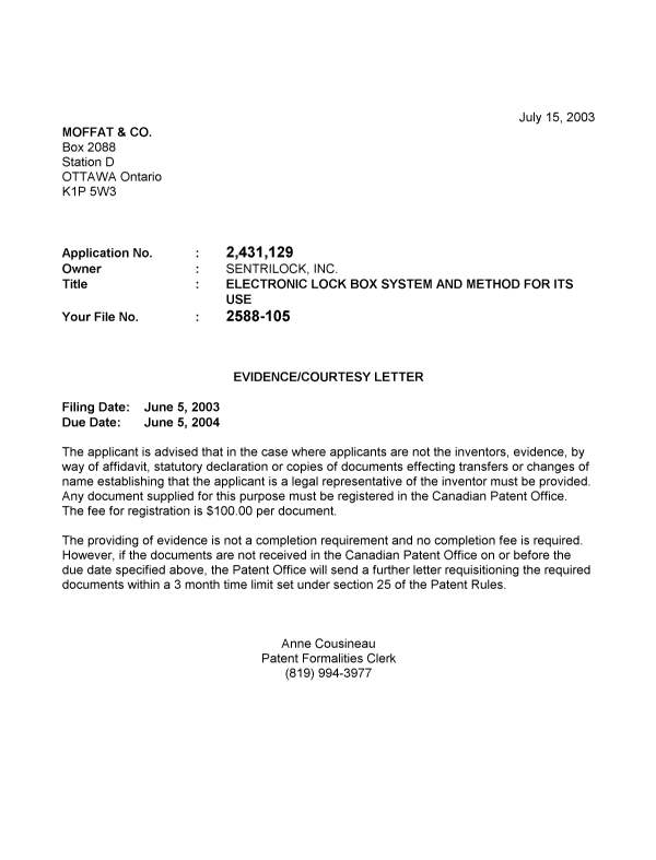 Canadian Patent Document 2431129. Correspondence 20021209. Image 1 of 1