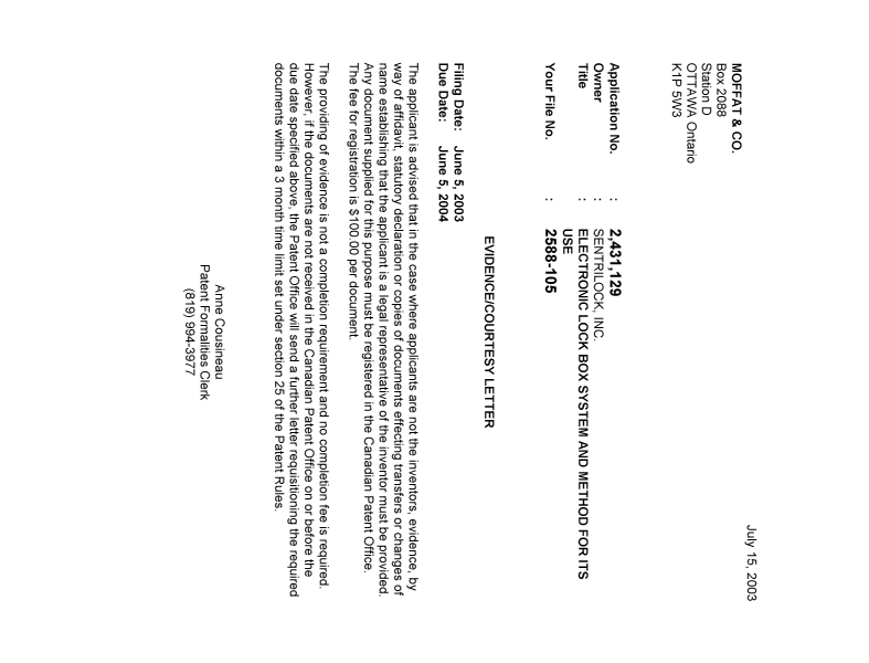 Document de brevet canadien 2431129. Correspondance 20021209. Image 1 de 1