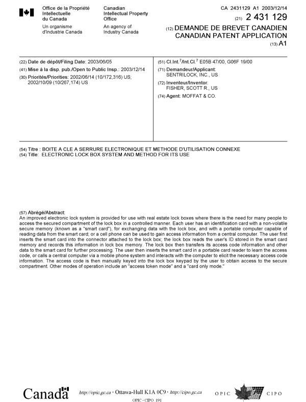Document de brevet canadien 2431129. Page couverture 20021218. Image 1 de 1