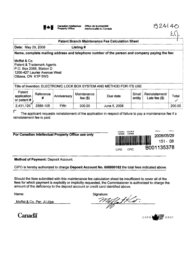 Canadian Patent Document 2431129. Fees 20071229. Image 1 of 1