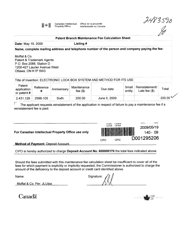 Canadian Patent Document 2431129. Fees 20081219. Image 1 of 1