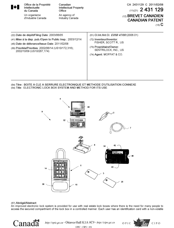 Document de brevet canadien 2431129. Page couverture 20101213. Image 1 de 2
