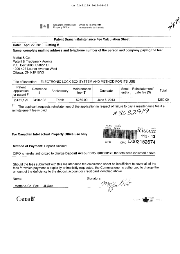 Document de brevet canadien 2431129. Taxes 20121222. Image 1 de 1