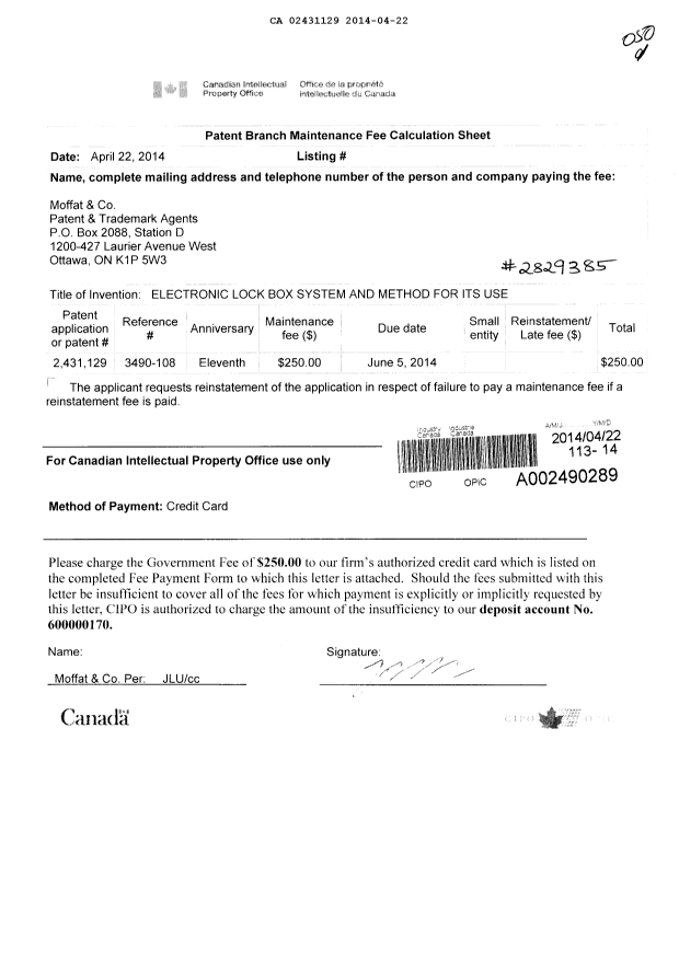 Document de brevet canadien 2431129. Taxes 20131222. Image 1 de 1
