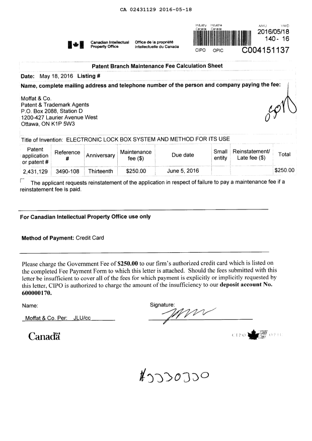 Document de brevet canadien 2431129. Taxes 20151218. Image 1 de 1