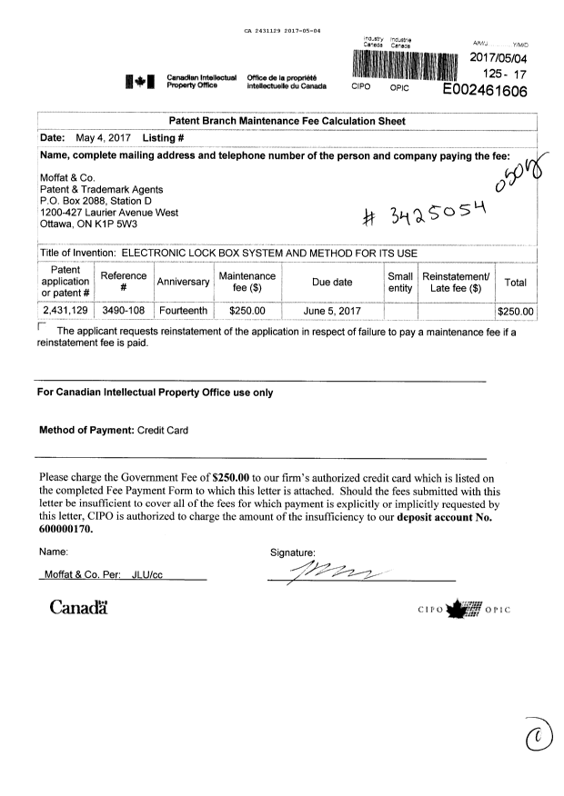 Canadian Patent Document 2431129. Fees 20161204. Image 1 of 1