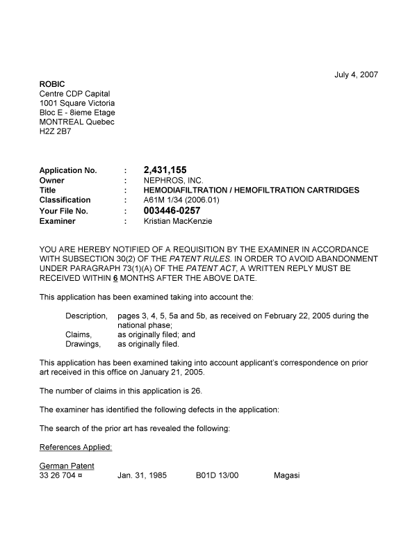Canadian Patent Document 2431155. Prosecution-Amendment 20061204. Image 1 of 3