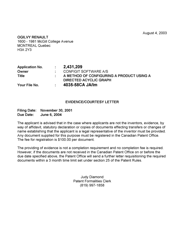 Canadian Patent Document 2431209. Correspondence 20021204. Image 1 of 1