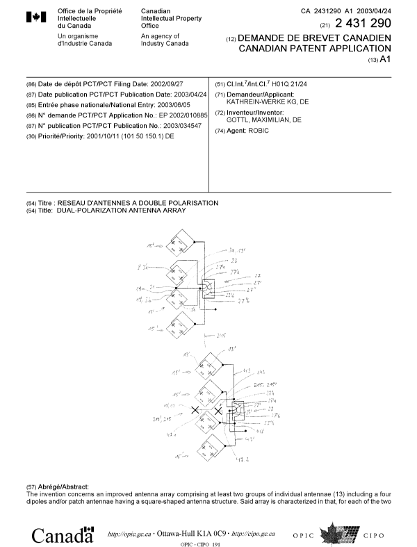 Document de brevet canadien 2431290. Page couverture 20030801. Image 1 de 2