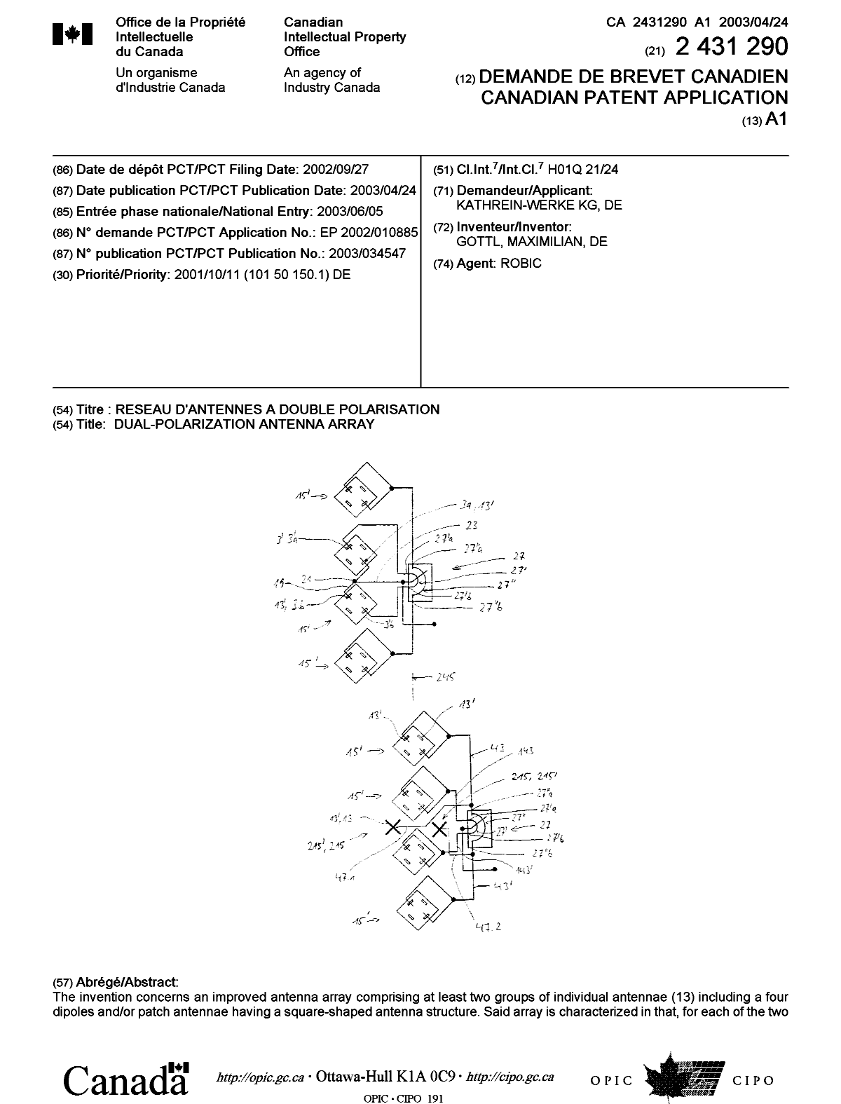 Canadian Patent Document 2431290. Cover Page 20030801. Image 1 of 2
