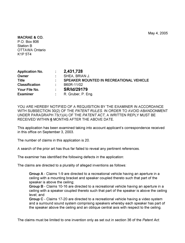Document de brevet canadien 2431728. Poursuite-Amendment 20050504. Image 1 de 2