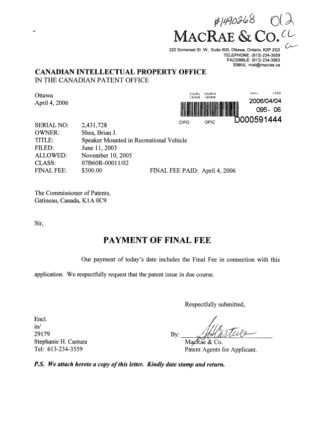 Document de brevet canadien 2431728. Correspondance 20060404. Image 1 de 1