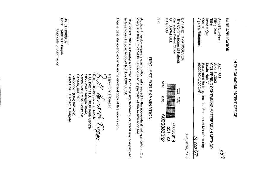Canadian Patent Document 2431838. Prosecution-Amendment 20030814. Image 1 of 1