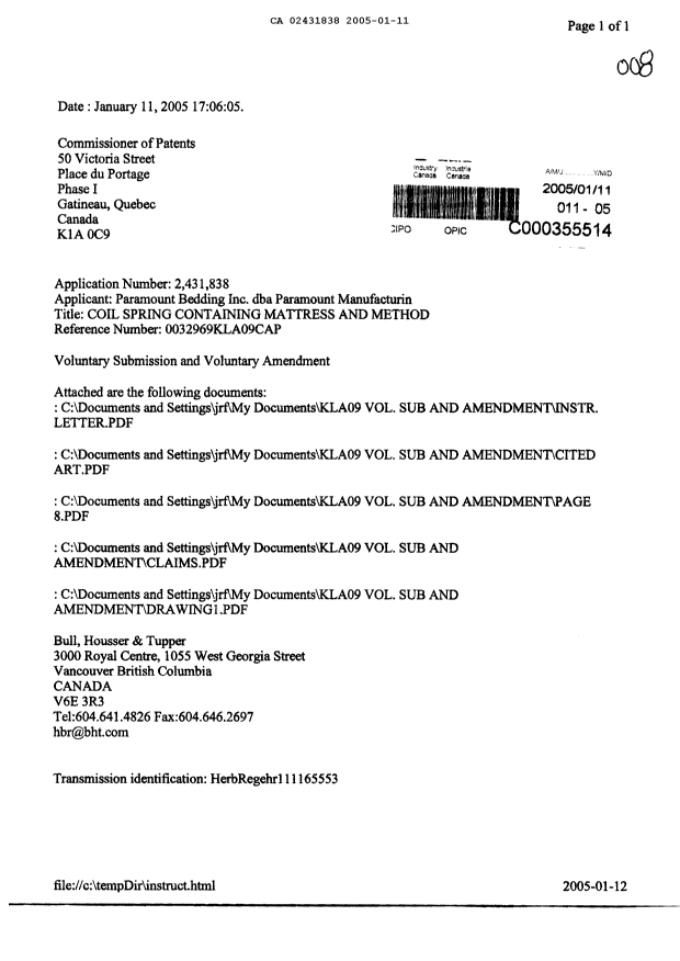 Canadian Patent Document 2431838. Prosecution-Amendment 20050111. Image 1 of 11