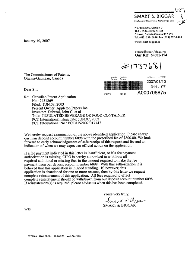 Canadian Patent Document 2431869. Prosecution-Amendment 20061210. Image 1 of 1