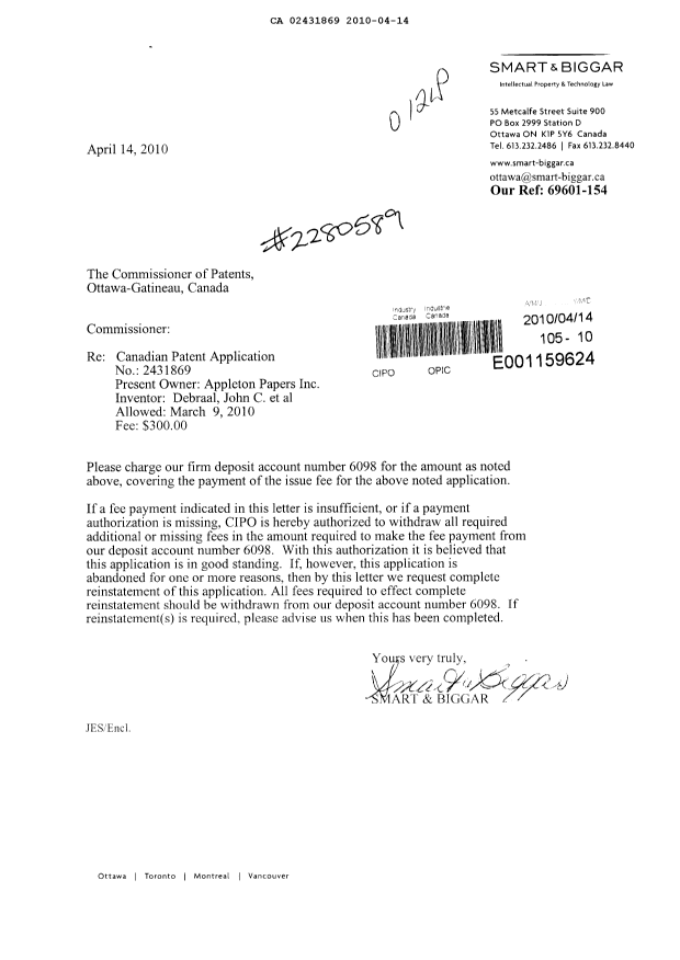 Canadian Patent Document 2431869. Correspondence 20091214. Image 1 of 1