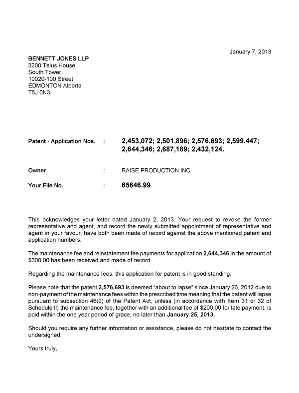 Document de brevet canadien 2432124. Correspondance 20130107. Image 1 de 2