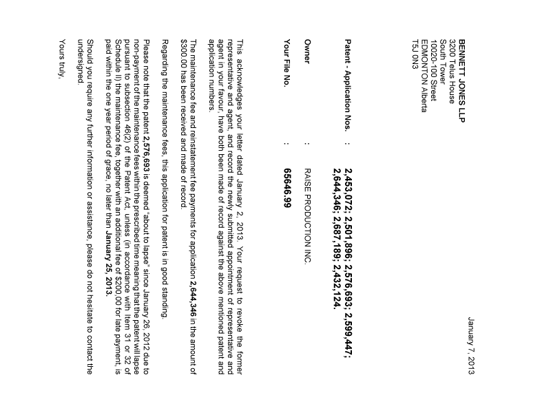 Canadian Patent Document 2432124. Correspondence 20130107. Image 1 of 2