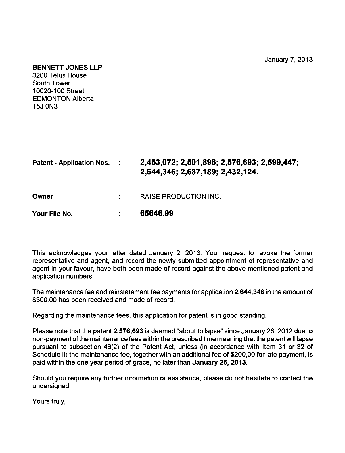 Canadian Patent Document 2432124. Correspondence 20130107. Image 1 of 2