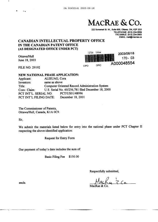 Document de brevet canadien 2432141. Cession 20030618. Image 1 de 3