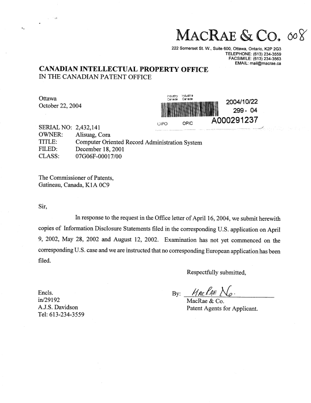 Canadian Patent Document 2432141. Prosecution-Amendment 20031222. Image 1 of 1