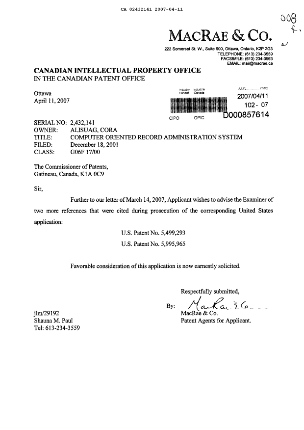 Canadian Patent Document 2432141. Prosecution-Amendment 20061211. Image 1 of 1