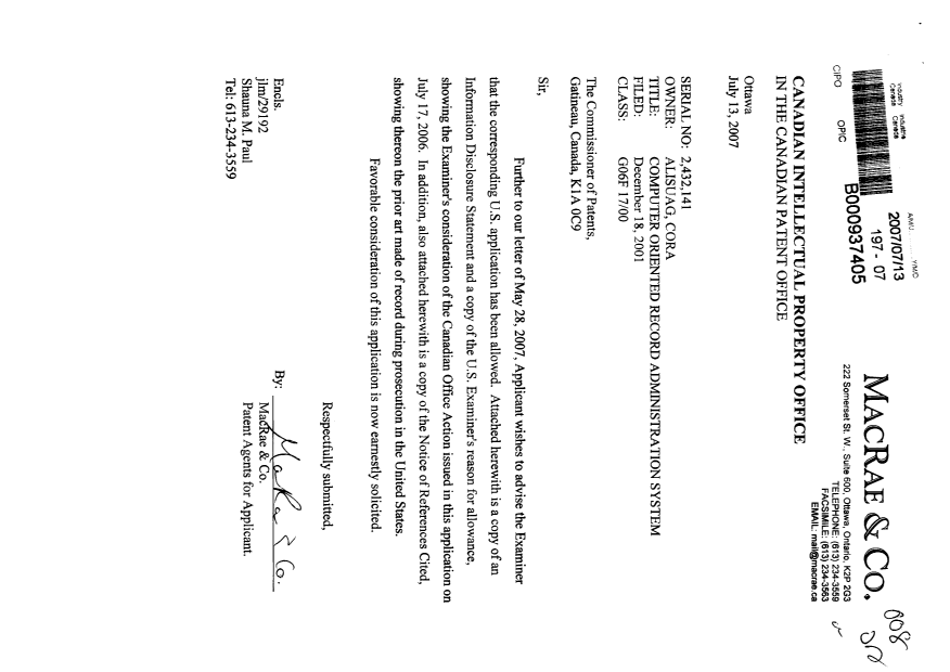 Document de brevet canadien 2432141. Poursuite-Amendment 20061213. Image 1 de 2