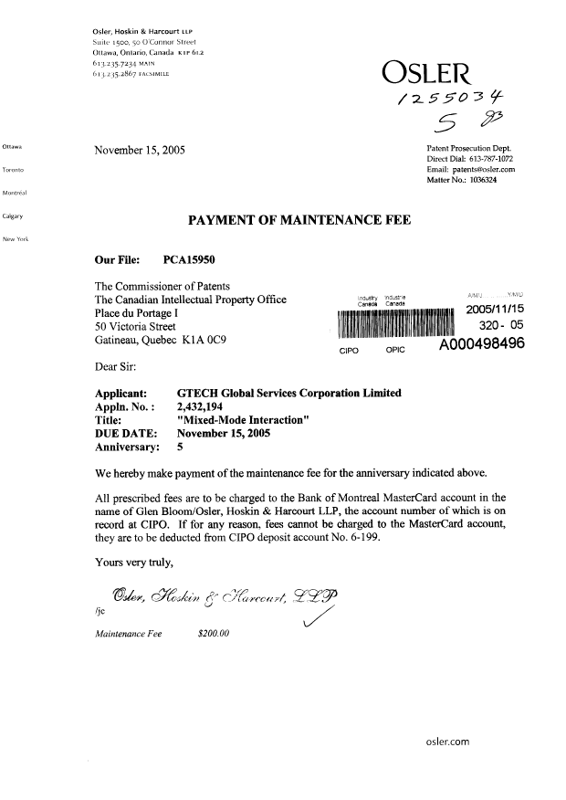 Canadian Patent Document 2432194. Fees 20041215. Image 1 of 1