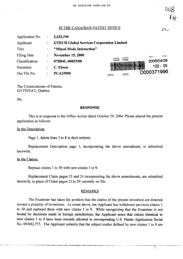 Canadian Patent Document 2432194. Prosecution-Amendment 20050429. Image 1 of 5