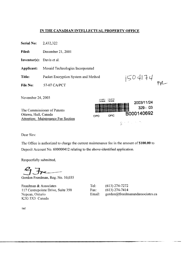 Document de brevet canadien 2432322. Taxes 20021224. Image 1 de 1