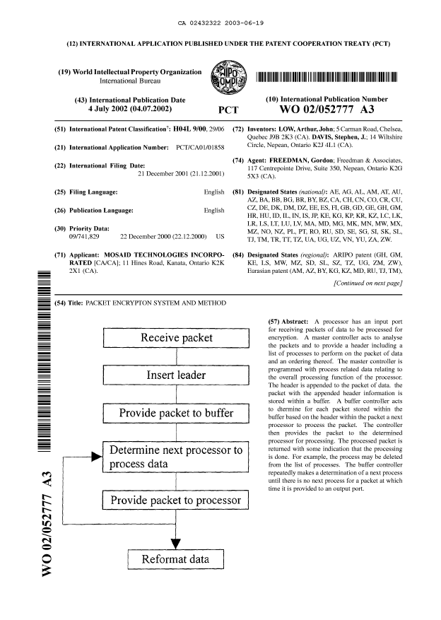 Document de brevet canadien 2432322. Abrégé 20030619. Image 1 de 2