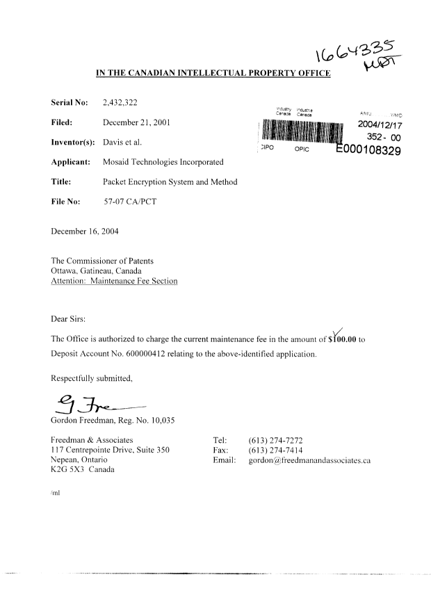 Document de brevet canadien 2432322. Taxes 20031217. Image 1 de 1