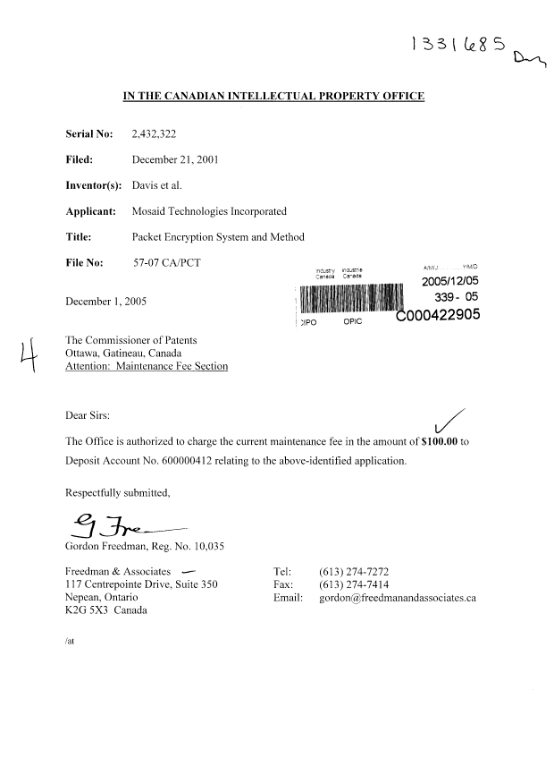 Document de brevet canadien 2432322. Taxes 20041205. Image 1 de 1