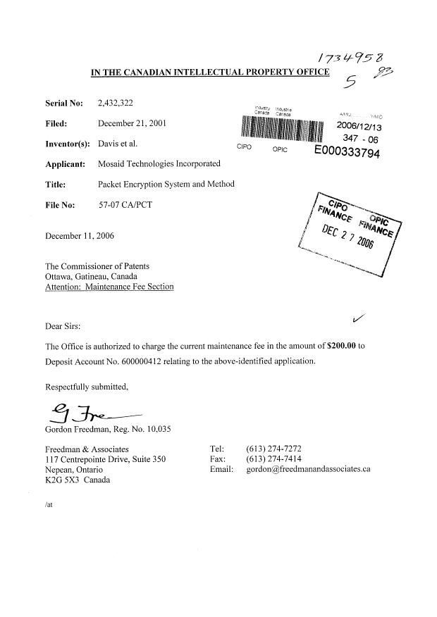 Document de brevet canadien 2432322. Taxes 20051213. Image 1 de 1