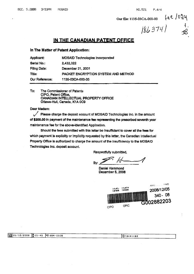Canadian Patent Document 2432322. Correspondence 20071205. Image 1 of 4