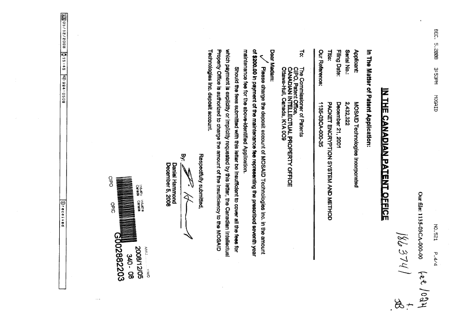 Canadian Patent Document 2432322. Correspondence 20071205. Image 1 of 4