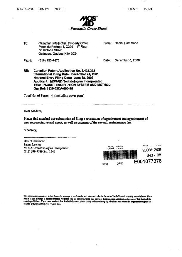Canadian Patent Document 2432322. Correspondence 20071205. Image 2 of 4