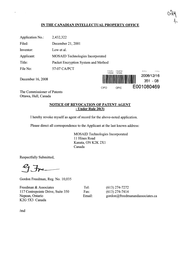 Document de brevet canadien 2432322. Correspondance 20071216. Image 1 de 1