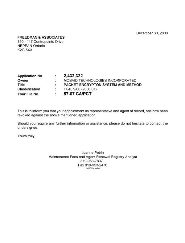 Document de brevet canadien 2432322. Correspondance 20071230. Image 1 de 1