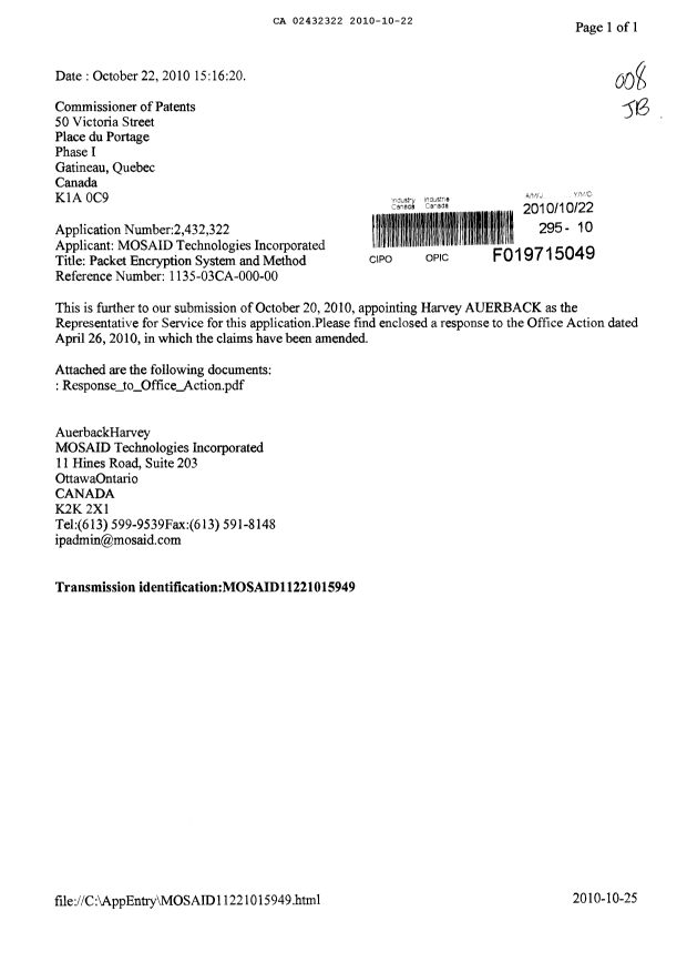 Canadian Patent Document 2432322. Prosecution-Amendment 20091222. Image 1 of 9