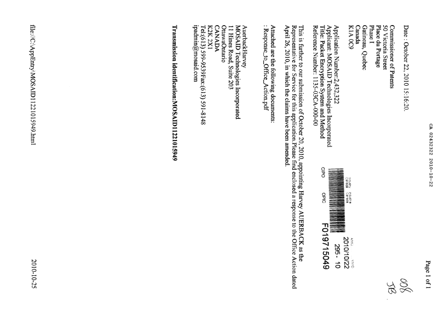 Document de brevet canadien 2432322. Poursuite-Amendment 20101022. Image 1 de 9