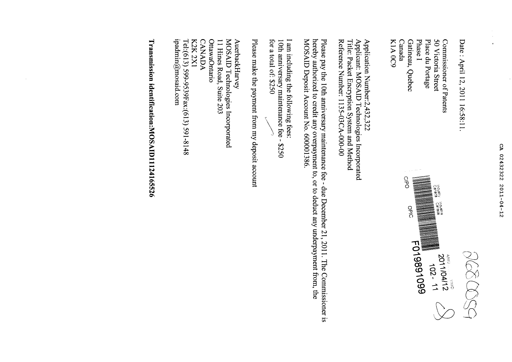 Document de brevet canadien 2432322. Taxes 20101212. Image 1 de 1